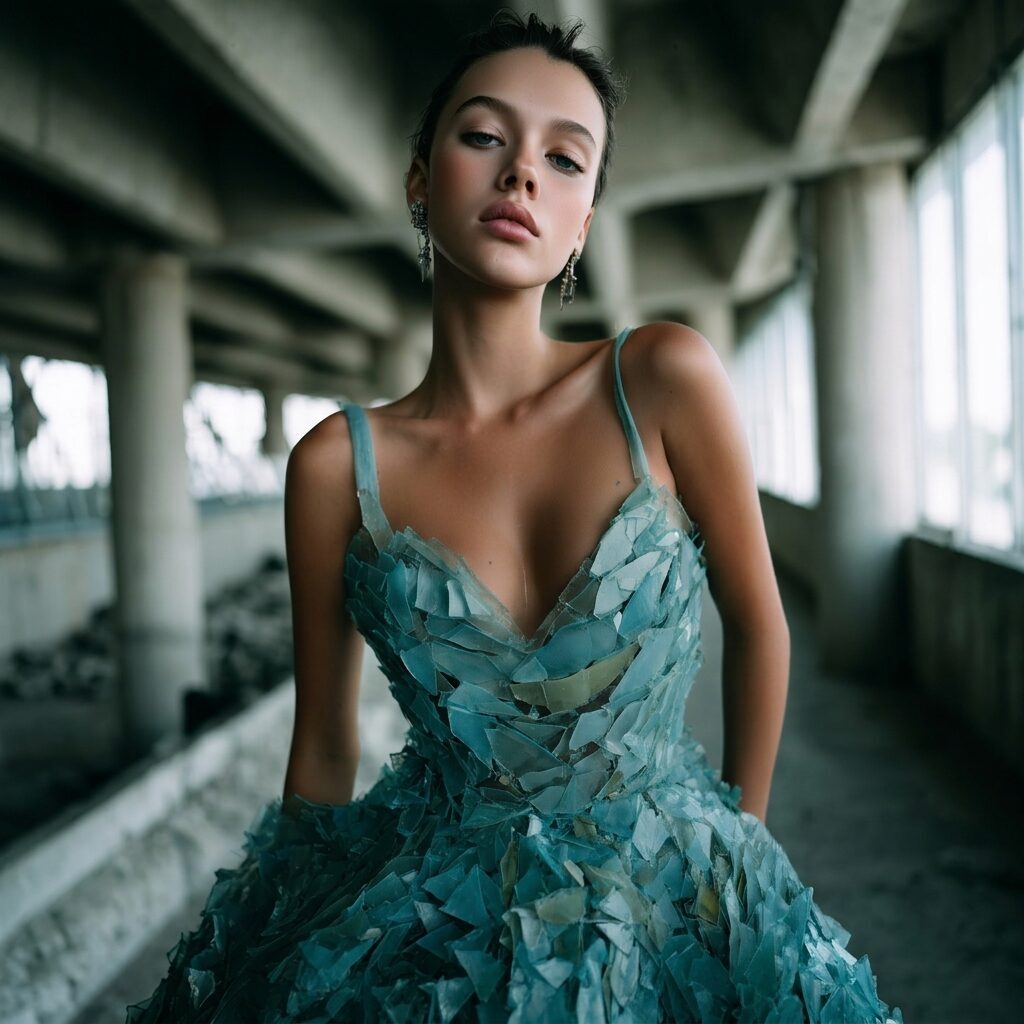 Brand Couture editorial frame — blue-green glass-shard couture, full figure