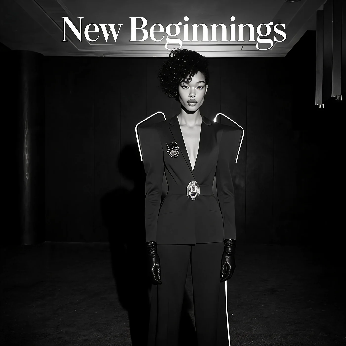 Black-and-white still from New Beginnings — a model in a sculptural black couture blazer with illuminated shoulder seams, under the film's title card