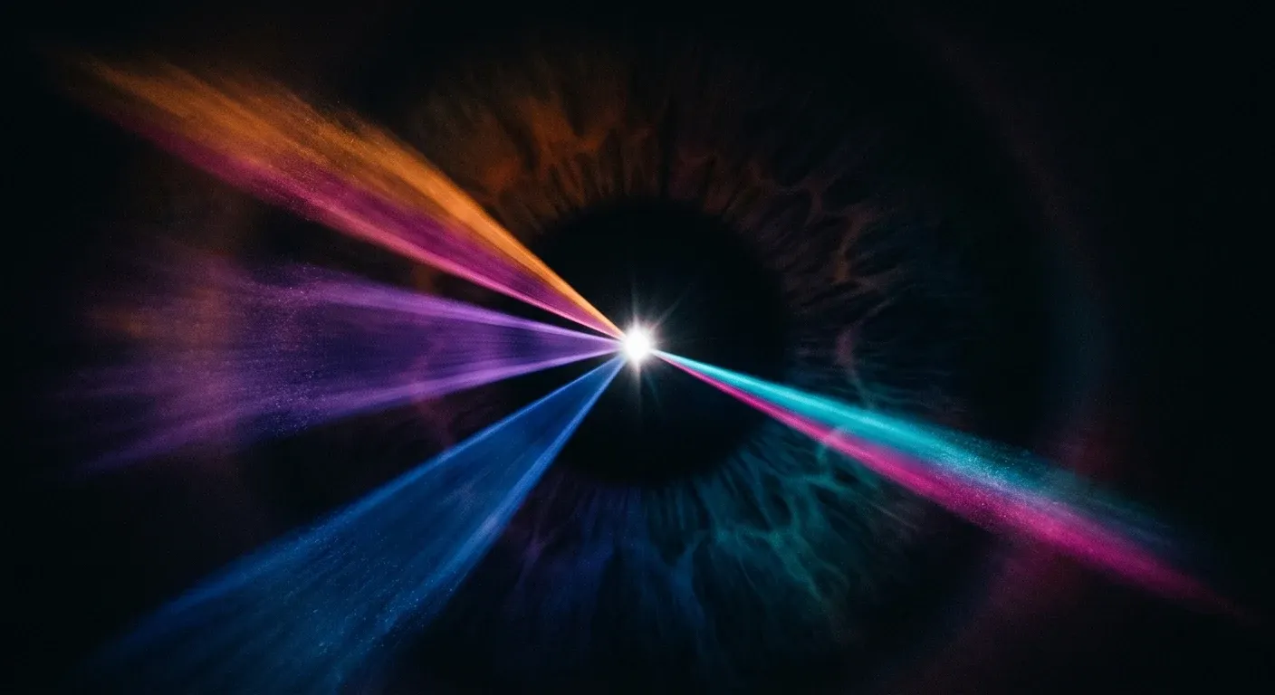 Abstract macro image of an iris with a single bright focal point at its center, four thin rays of orange, magenta, blue, and purple light diverging outward