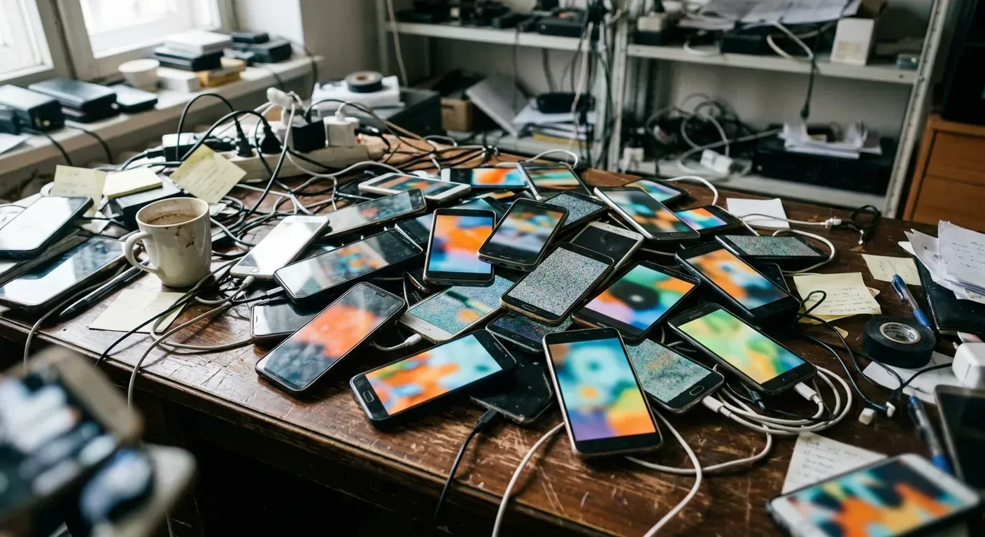 A cluttered desk piled with dozens of smartphones tangled in charging cables, each screen glowing with a different generic, faceless video thumbnail