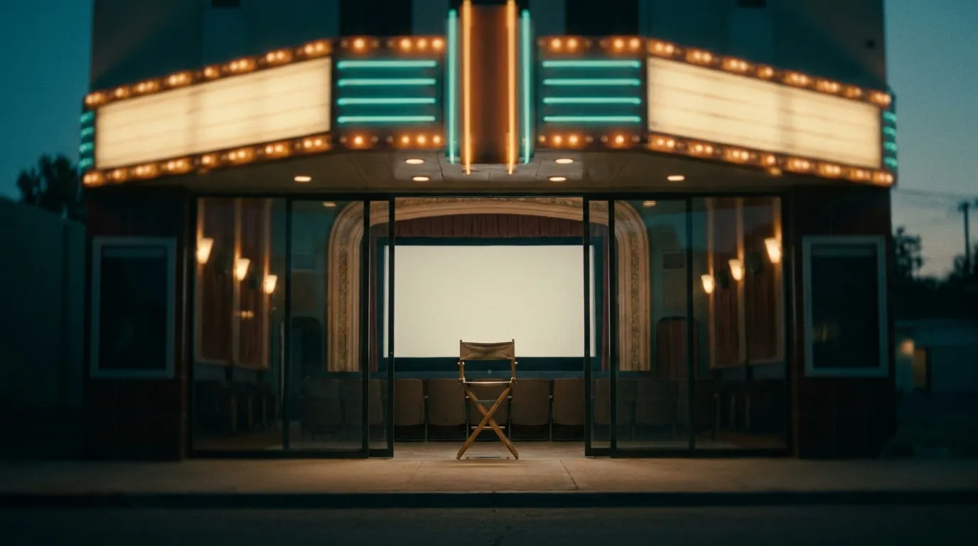 An empty independent movie theater at dusk, marquee lights glowing, a lone director's chair set facing the blank screen through the open doors