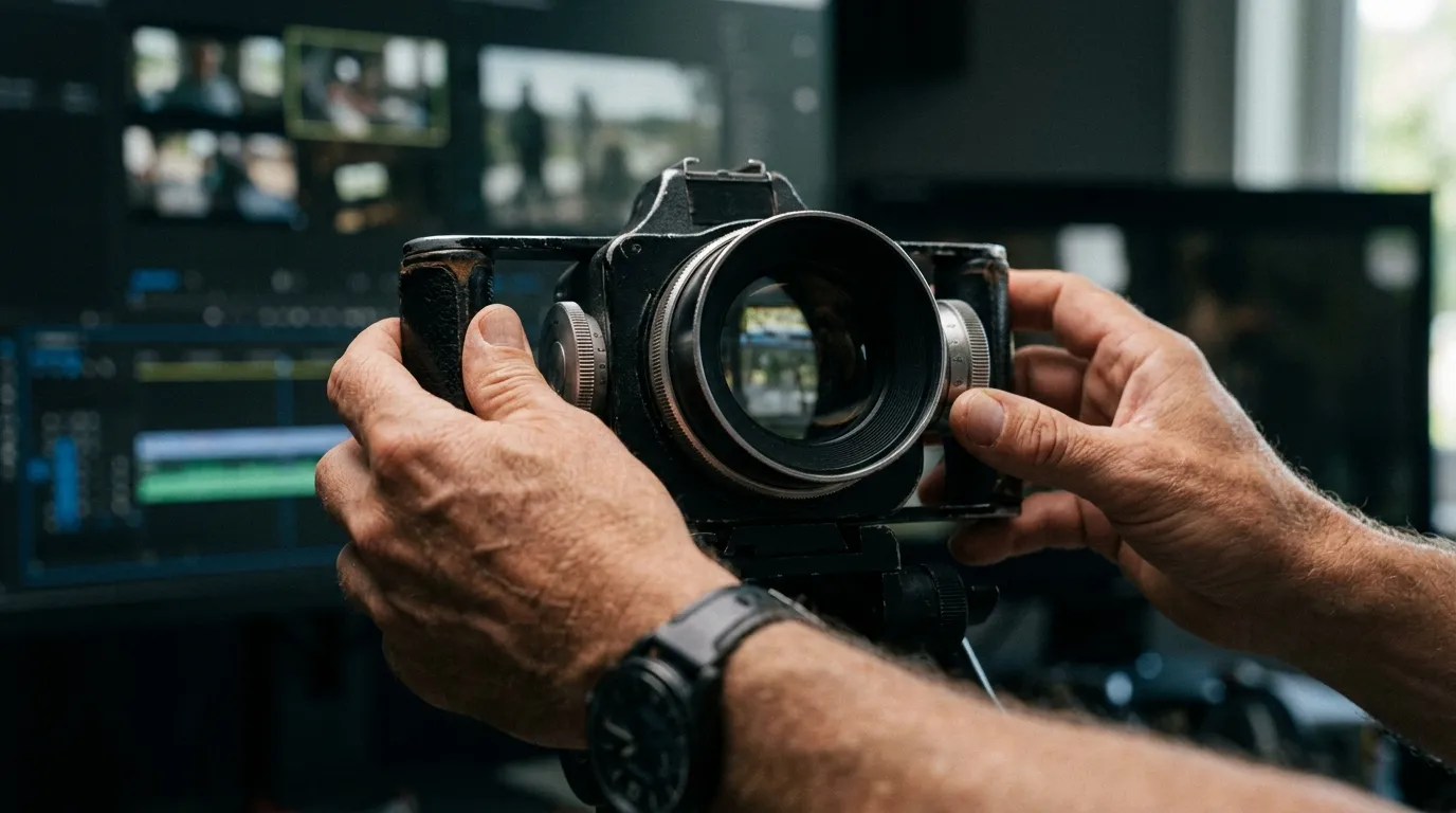 Close-up of weathered hands adjusting the lens on a vintage camera rig, a video editing timeline glowing softly out of focus on a monitor behind it