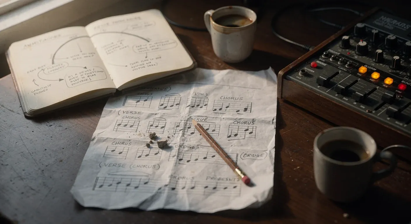A handwritten notebook open beside a crumpled, coffee-stained sheet of hand-drawn song-structure notes marked verse, chorus, and bridge, a pencil resting across the page