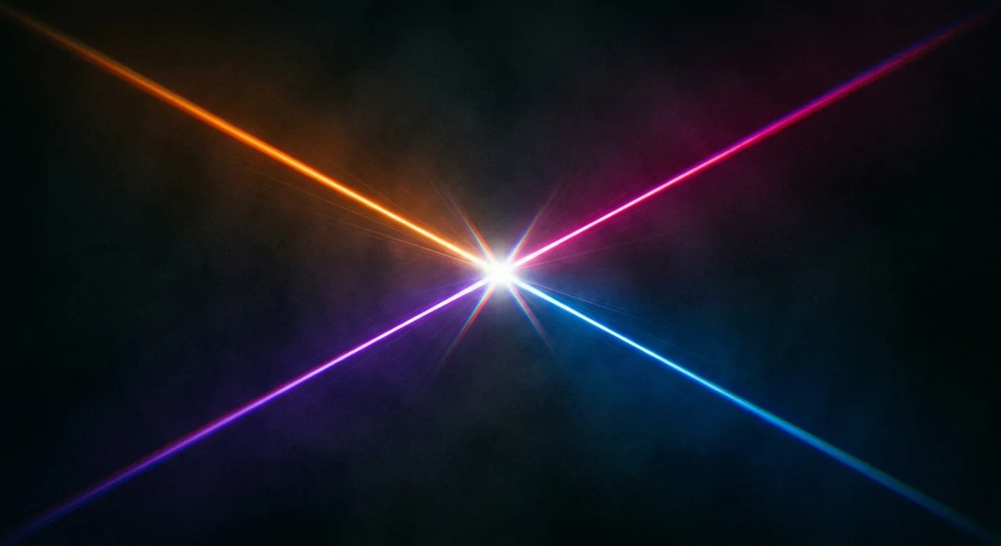 Abstract spectral light study — a single white point fracturing into four diverging rays of orange, magenta, purple, and blue