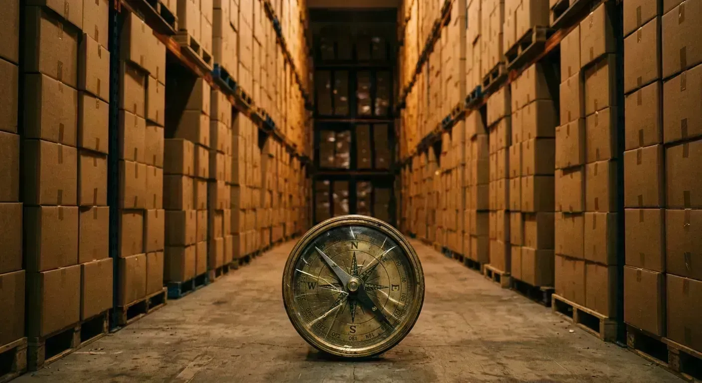 A warehouse aisle stacked floor-to-ceiling with identical brown boxes receding into the distance, and in the foreground on the concrete floor, a single cracked brass compass with its needle frozen pointing nowhere in particular